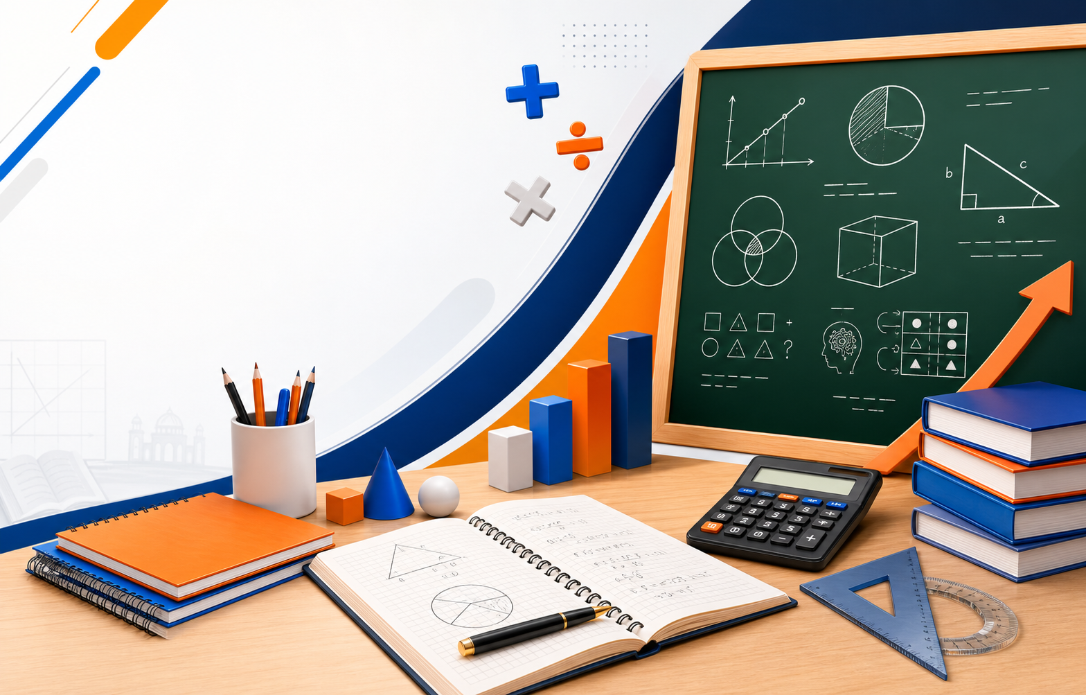 Maths and reasoning coaching artwork with books, calculator, charts and exam diagrams